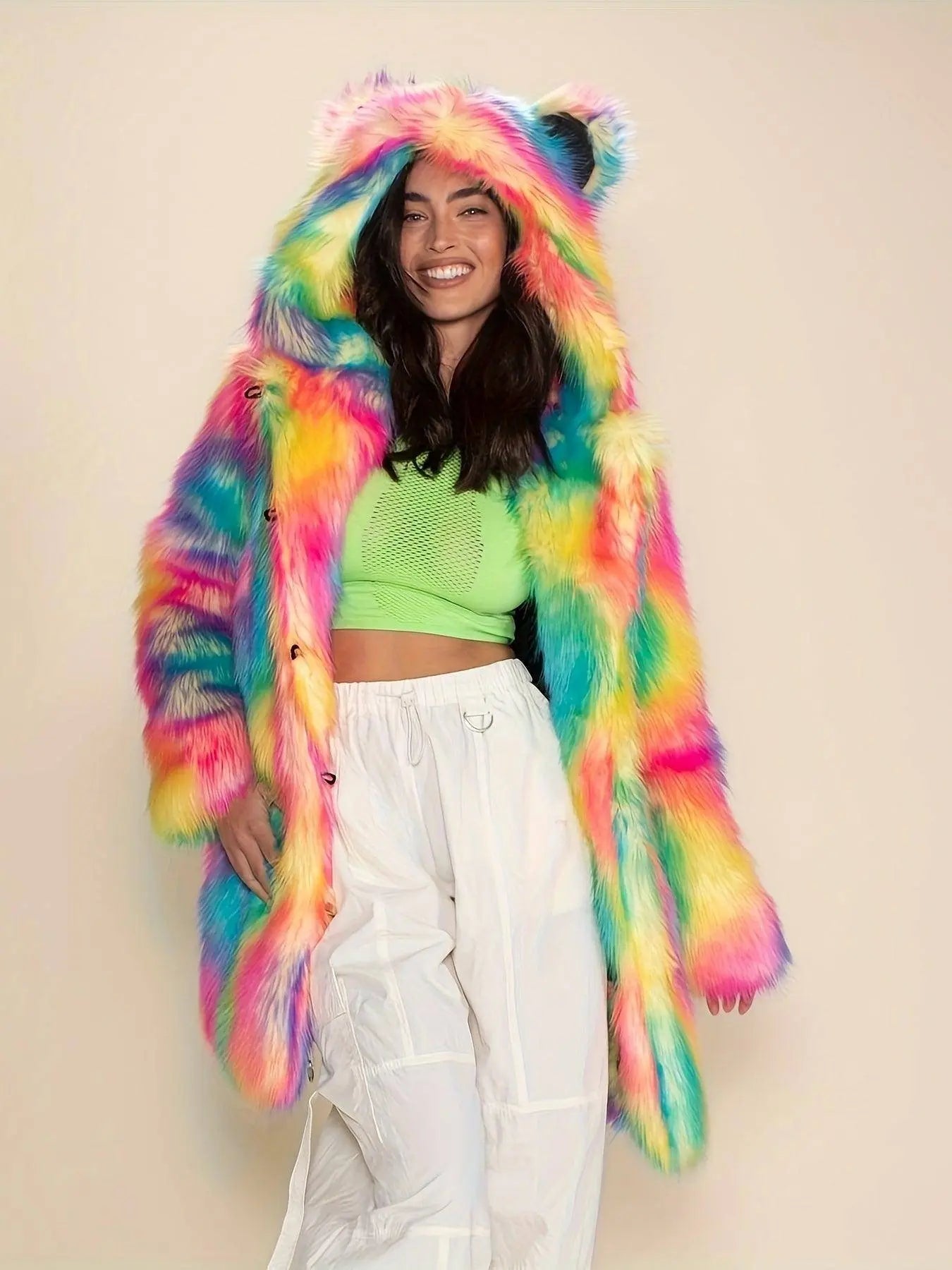 Abstract Pattern Open Front Teddy Coat, Stylish Hoodie Long Sleeve Longline Fluffy Coat For Party & Club, Women's Clothing SS69