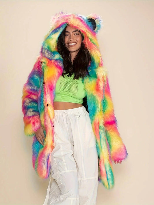 Abstract Pattern Open Front Teddy Coat, Stylish Hoodie Long Sleeve Longline Fluffy Coat For Party & Club, Women's Clothing SS69