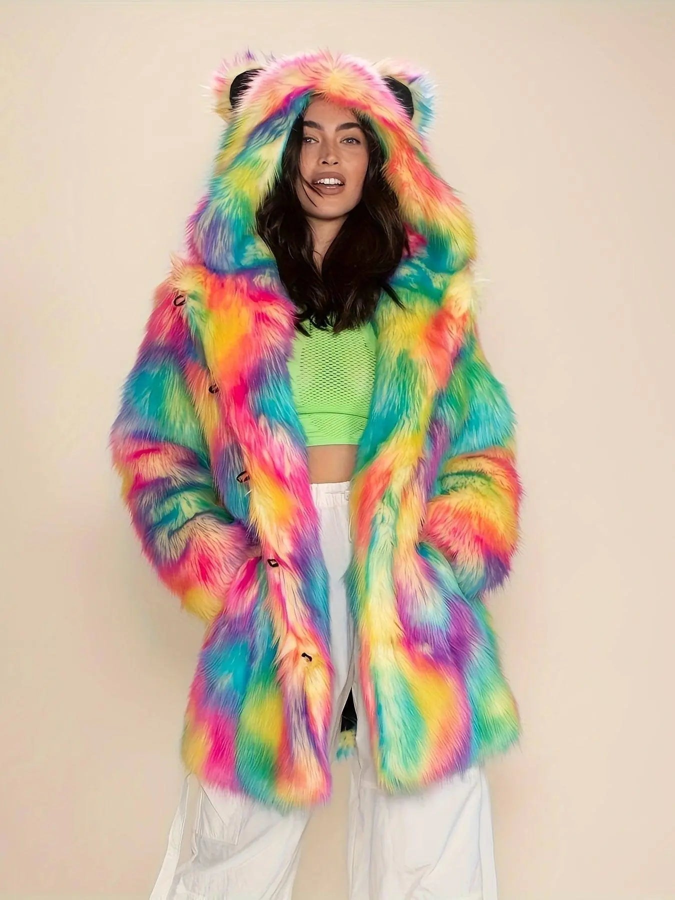 Abstract Pattern Open Front Teddy Coat, Stylish Hoodie Long Sleeve Longline Fluffy Coat For Party & Club, Women's Clothing SS69