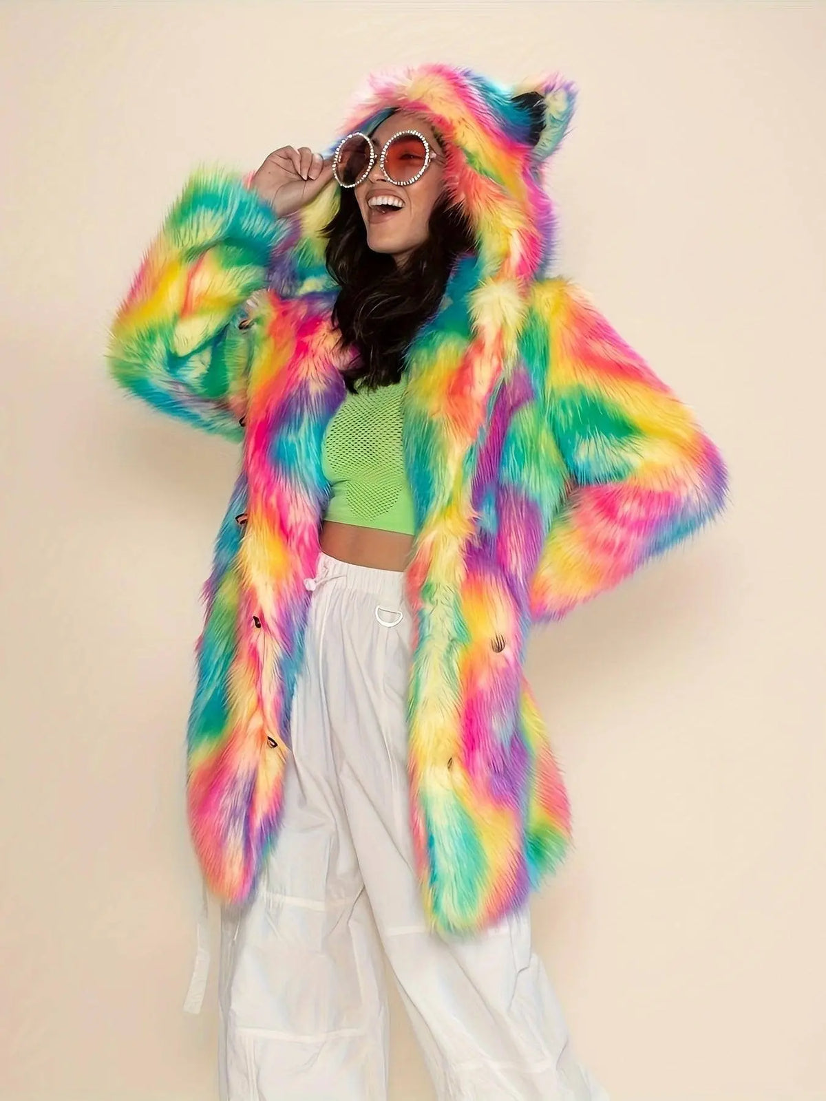 Abstract Pattern Open Front Teddy Coat, Stylish Hoodie Long Sleeve Longline Fluffy Coat For Party & Club, Women's Clothing SS69