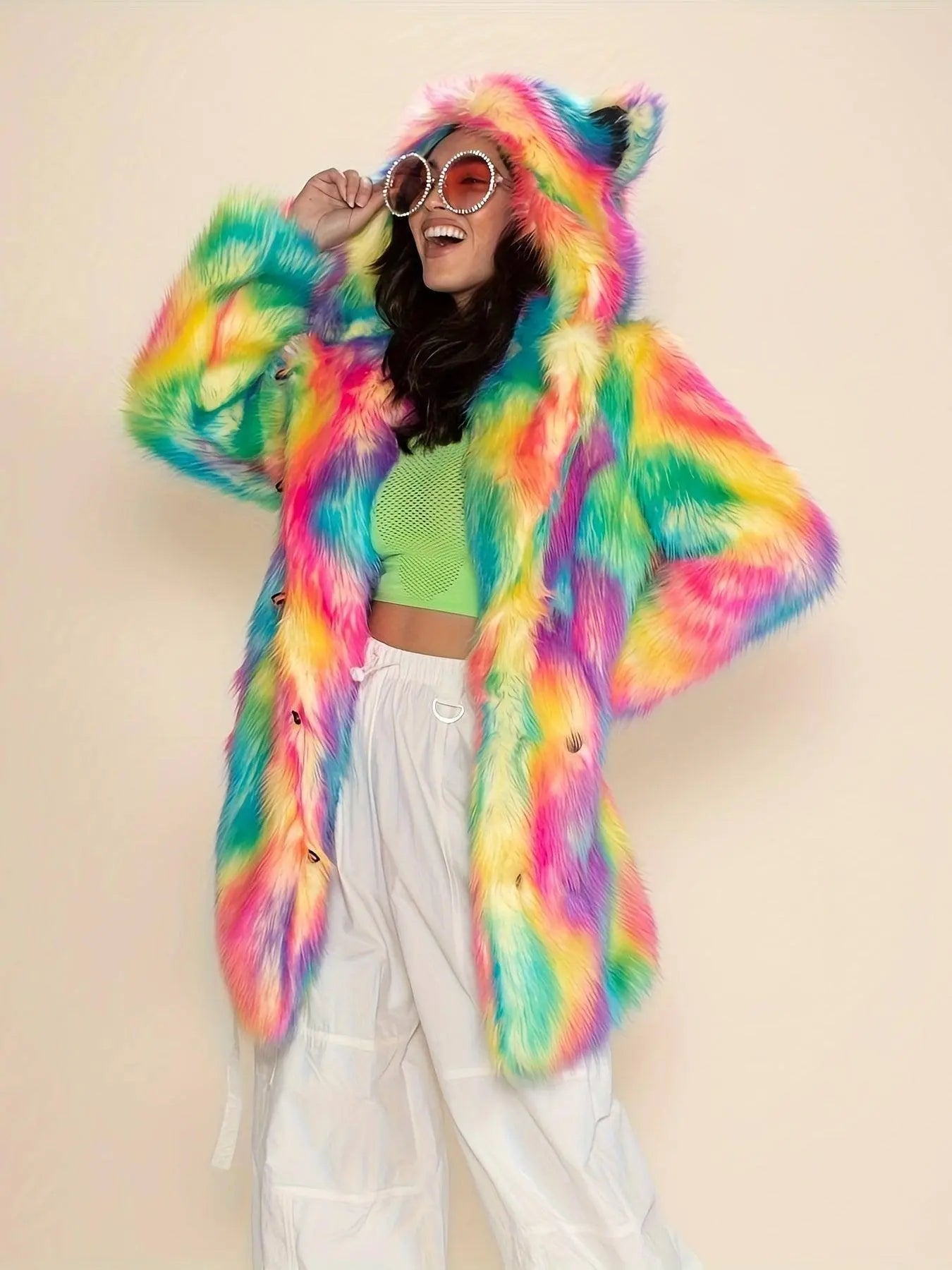 Abstract Pattern Open Front Teddy Coat, Stylish Hoodie Long Sleeve Longline Fluffy Coat For Party & Club, Women's Clothing SS69