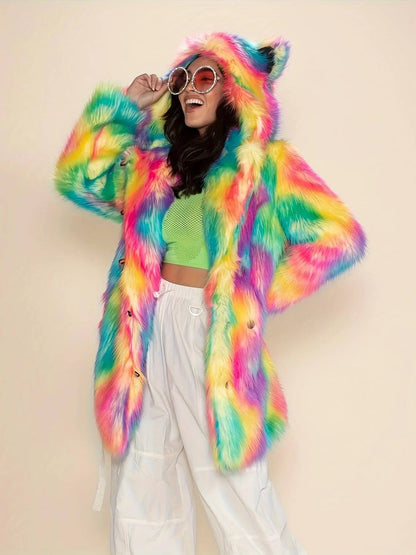 Abstract Pattern Open Front Teddy Coat, Stylish Hoodie Long Sleeve Longline Fluffy Coat For Party & Club, Women's Clothing SS69