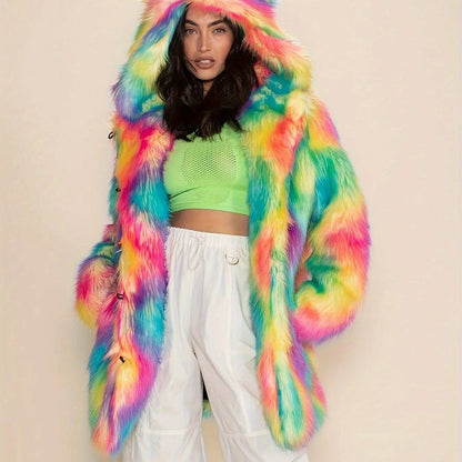 Abstract Pattern Open Front Teddy Coat, Stylish Hoodie Long Sleeve Longline Fluffy Coat For Party & Club, Women's Clothing SS69