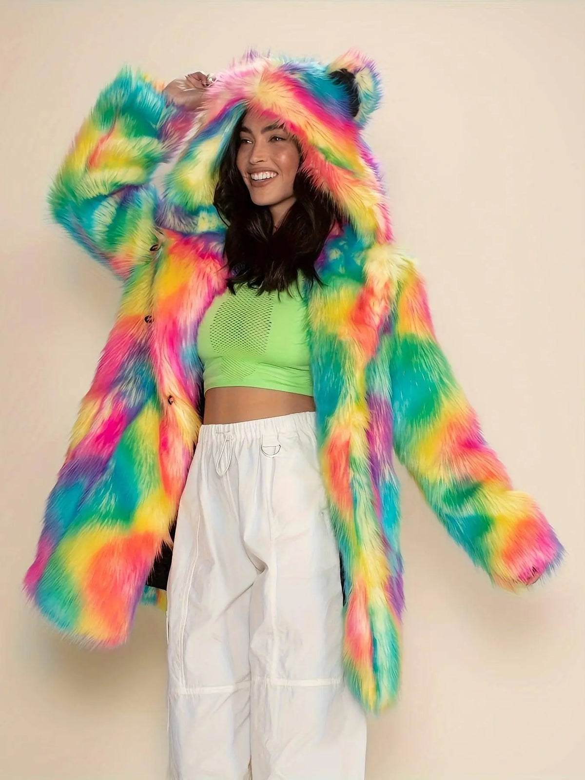 Abstract Pattern Open Front Teddy Coat, Stylish Hoodie Long Sleeve Longline Fluffy Coat For Party & Club, Women's Clothing SS69