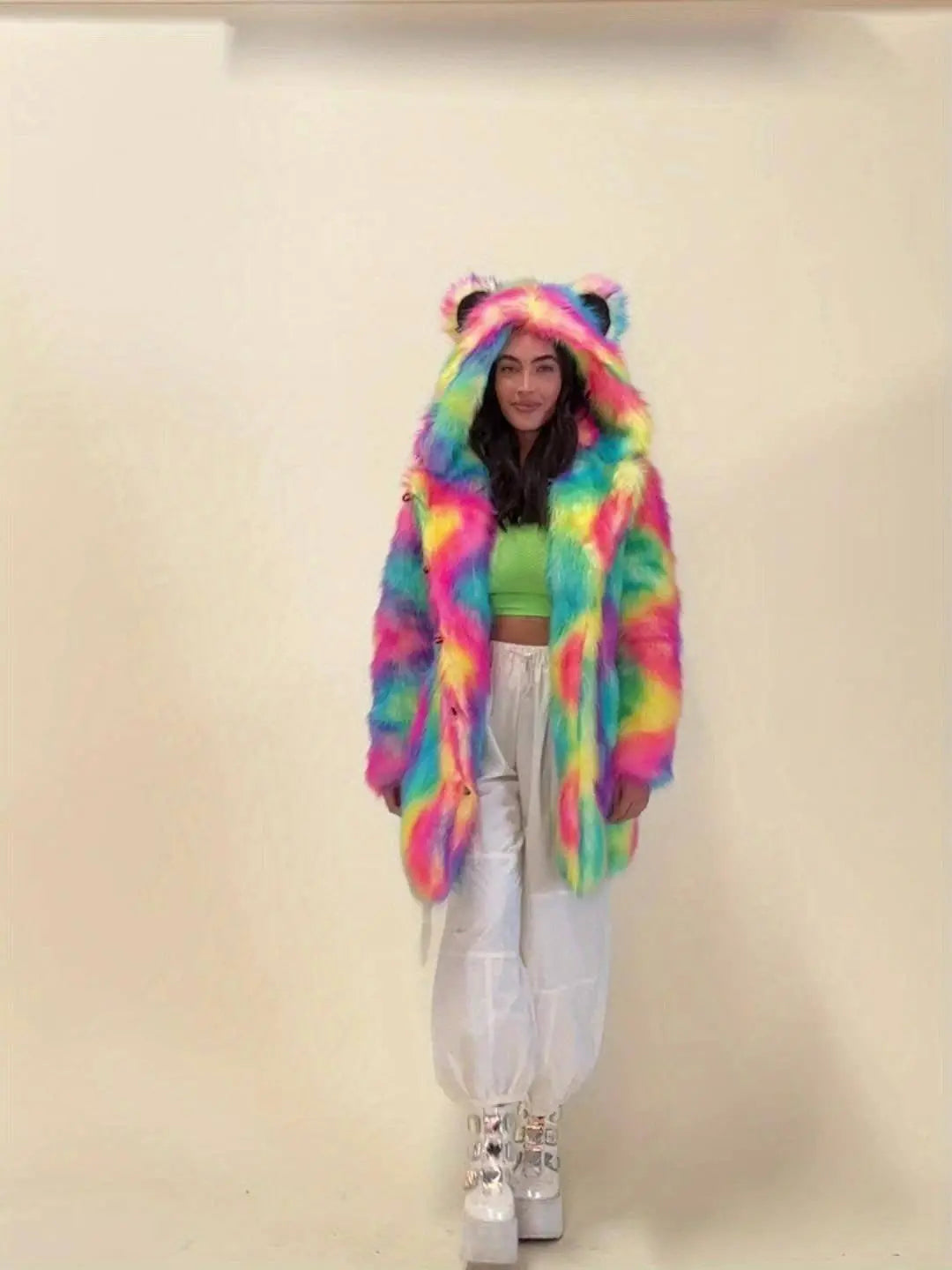 Abstract Pattern Open Front Teddy Coat, Stylish Hoodie Long Sleeve Longline Fluffy Coat For Party & Club, Women's Clothing SS69