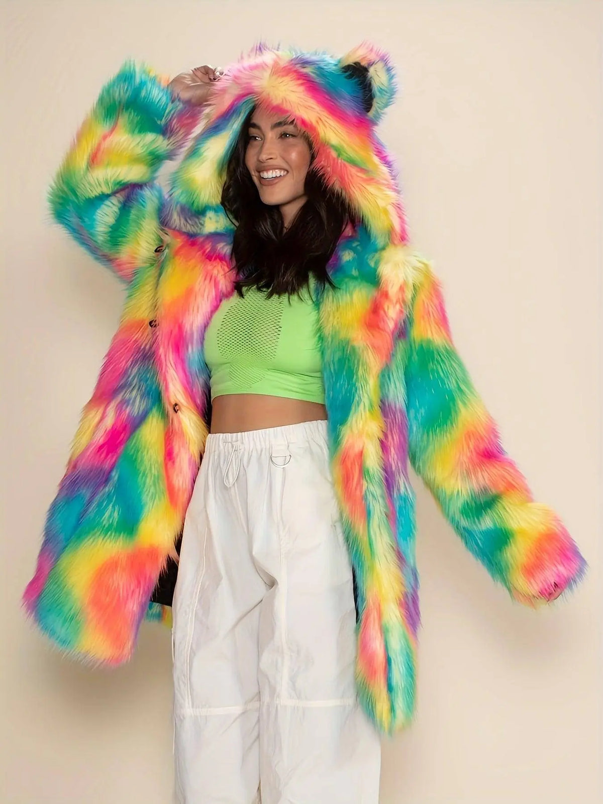 Abstract Pattern Open Front Teddy Coat, Stylish Hoodie Long Sleeve Longline Fluffy Coat For Party & Club, Women's Clothing SS69