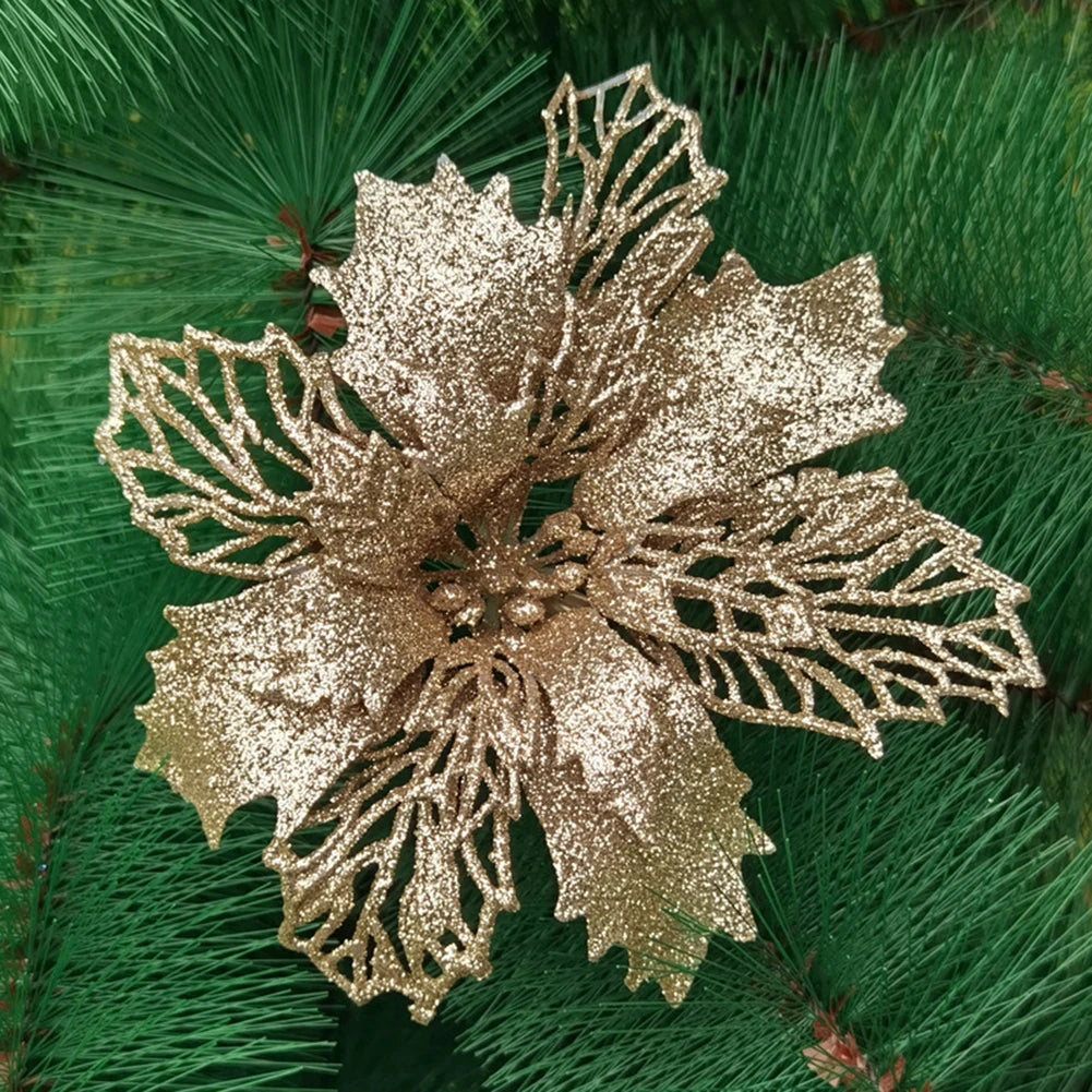 20pcs 9cm Artificial Christmas Flowers Glitter Xmas Tree Flowers Christmas Tree Ornaments for New Year Xmas Tree Wedding Decor