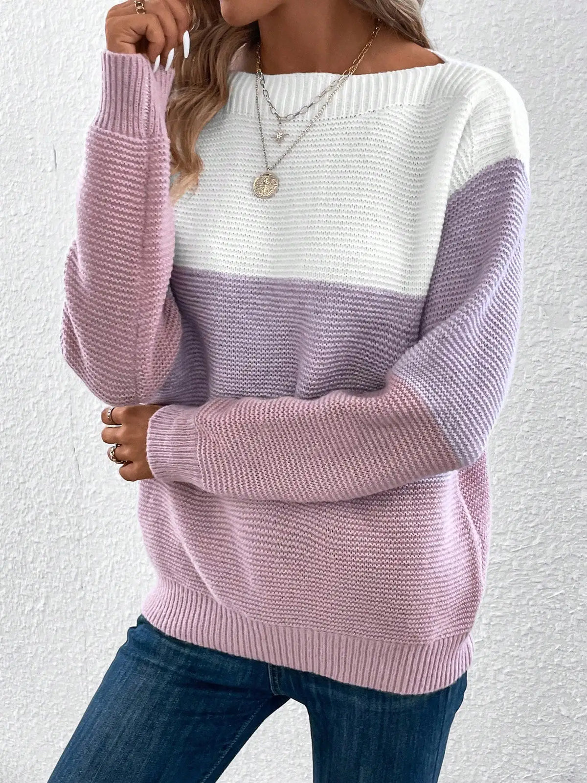 Women's Striped Patchwork Knit Sweater - Casual Loose Autumn/Winter Jumper