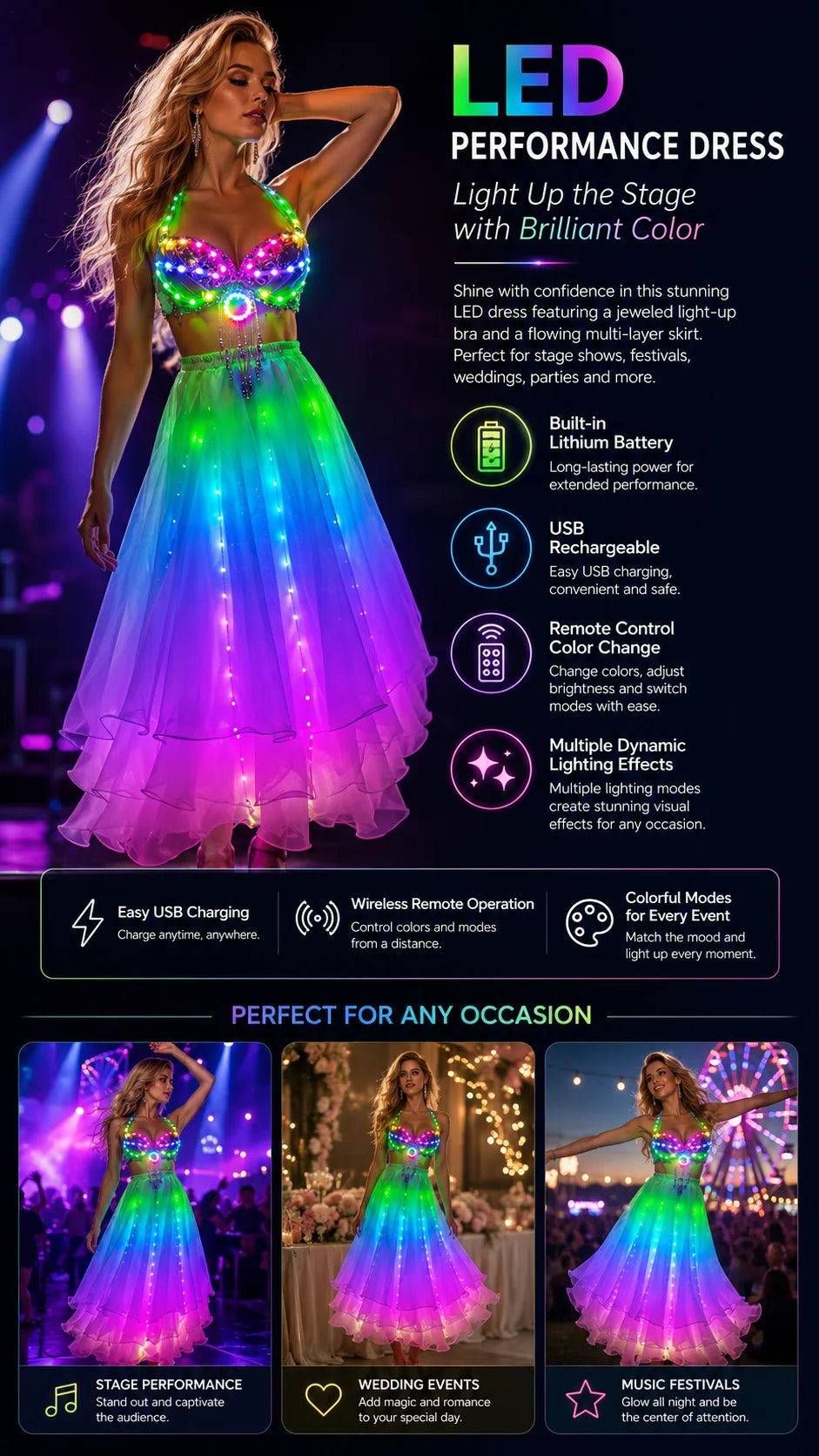TEMLASER Women's RGB LED Belly Dance Skirt - Faux Leather