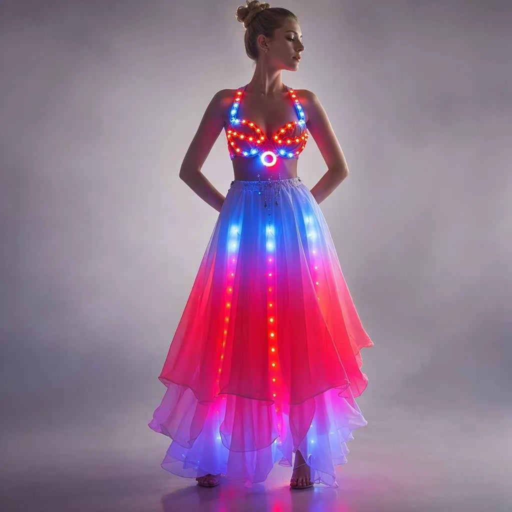 LED Color Lights Women Belly Dance Split Skirt Sexy Professional Bellydance Training Clothes Dancing Costumes