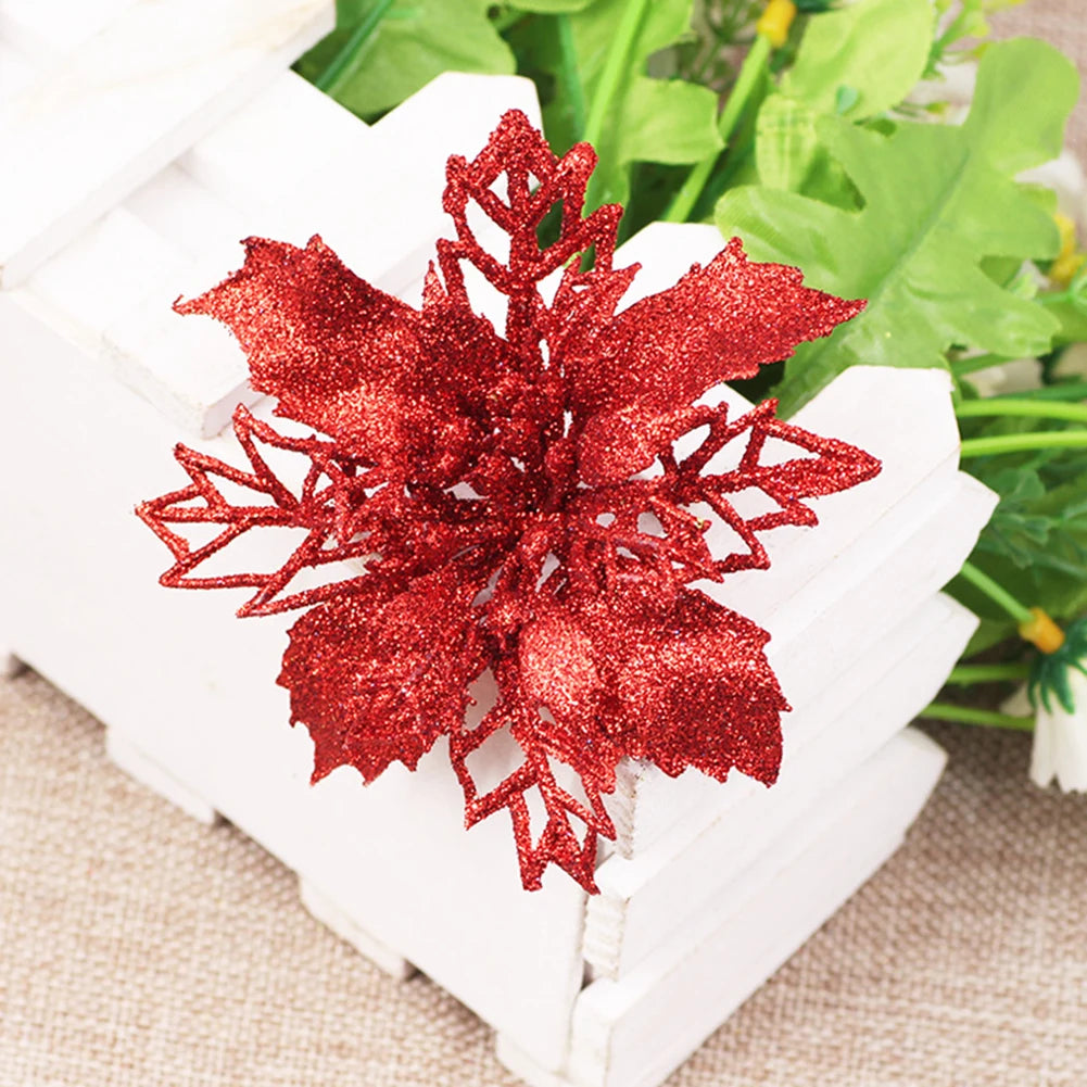 20pcs 9cm Artificial Christmas Flowers Glitter Xmas Tree Flowers Christmas Tree Ornaments for New Year Xmas Tree Wedding Decor