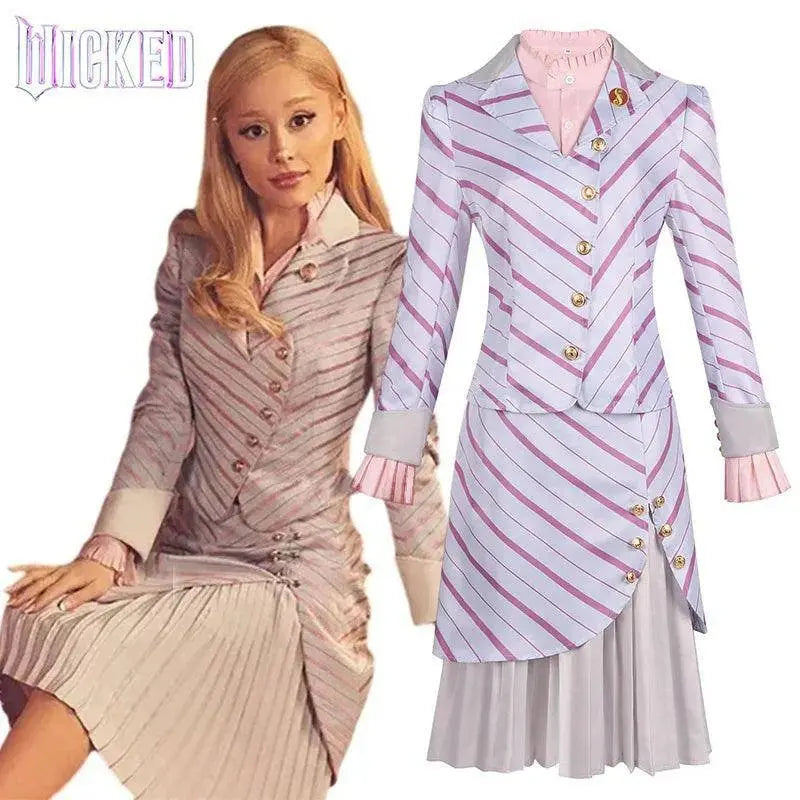 Adult Wicked 2025 Glinda Costume Wicked Movie The Musical Ariana Grande Cosplay Women's Pink Striped Dress Suit Outfits SS69