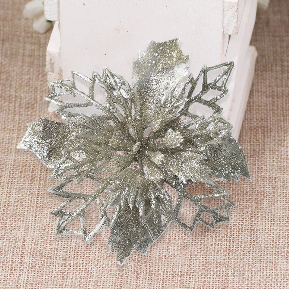20pcs 9cm Artificial Christmas Flowers Glitter Xmas Tree Flowers Christmas Tree Ornaments for New Year Xmas Tree Wedding Decor