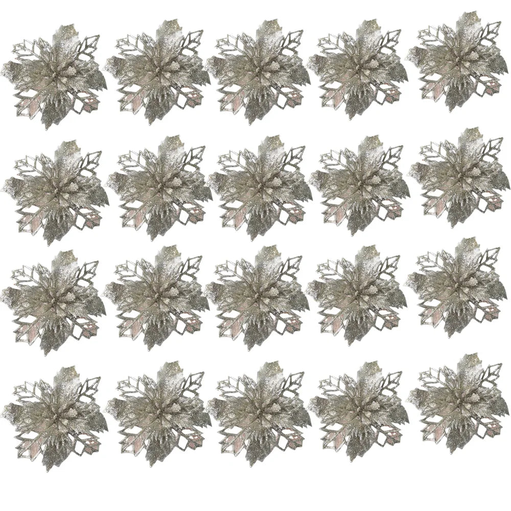 20pcs 9cm Artificial Christmas Flowers Glitter Xmas Tree Flowers Christmas Tree Ornaments for New Year Xmas Tree Wedding Decor
