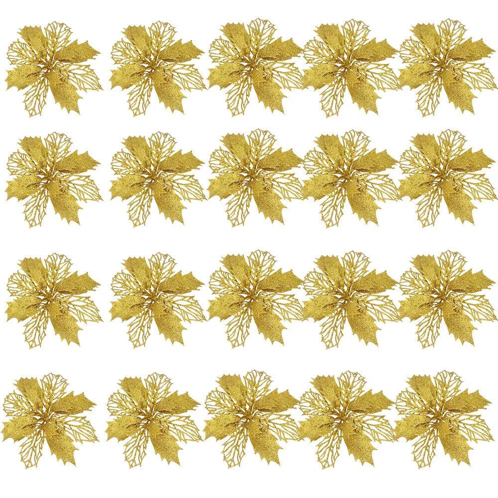 20pcs 9cm Artificial Christmas Flowers Glitter Xmas Tree Flowers Christmas Tree Ornaments for New Year Xmas Tree Wedding Decor