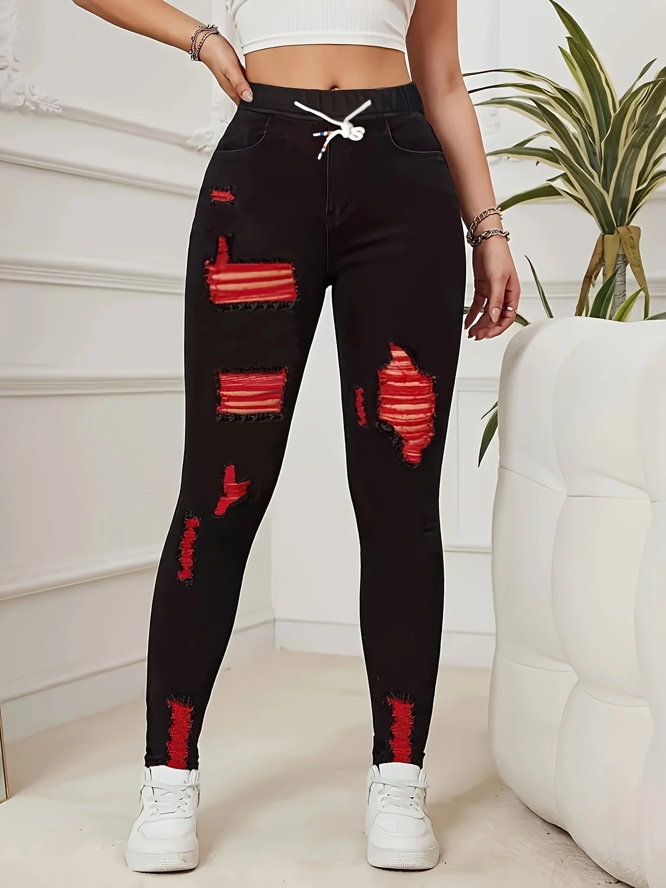 Women's Stretch Jeans Elastic Waist Drawstring Elegant Distressed Red Skinny Personalized Designer Style Suitable for All Seaso SS69