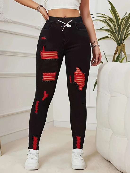 Women's Stretch Jeans Elastic Waist Drawstring Elegant Distressed Red Skinny Personalized Designer Style Suitable for All Seaso SS69