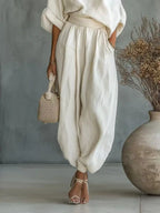 One Shoulder Linen Two Piece Set with Lantern Pants