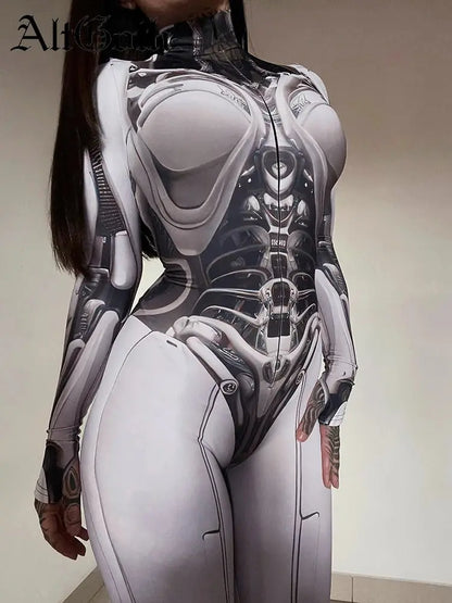 AltGoth Cyberpunk Cosplay Bodycon Jumpsuit Women Streetwear Y2k Mall Gothic 3D Printed Long Sleeve Playsuits Emo Anime Clothes - SS69