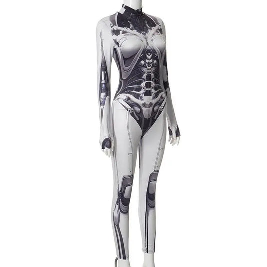 AltGoth Cyberpunk Cosplay Bodycon Jumpsuit Women Streetwear Y2k Mall Gothic 3D Printed Long Sleeve Playsuits Emo Anime Clothes - SS69