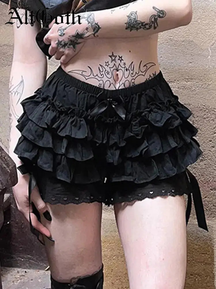 AltGoth Mall Goth Lolita Lace Shorts Women Aesthetic Cute Sweet Bow Patchwork Shorts Y2k E-girl Emo Alternative Kawaii Outfits SS69