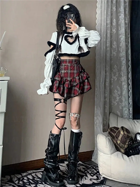 AltGoth Punk Gothic Red Plaid Skirt Women Vintage Y2k E-girl Emo Alt High Waist Cake Skirt Harajuku Fairycore Grunge Clubwear - SS69