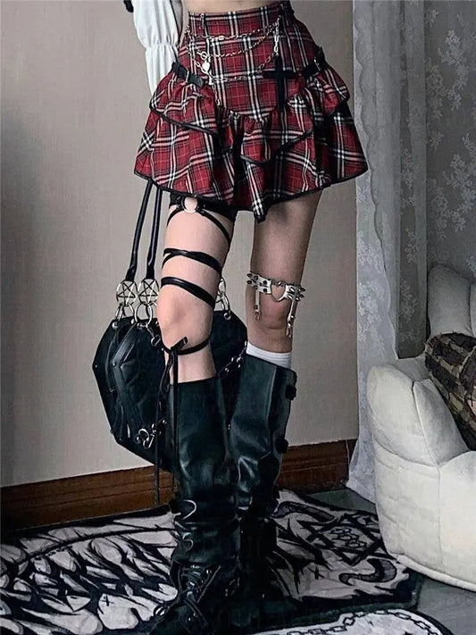 AltGoth Punk Gothic Red Plaid Skirt Women Vintage Y2k E-girl Emo Alt High Waist Cake Skirt Harajuku Fairycore Grunge Clubwear - SS69