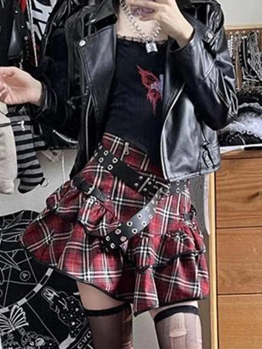AltGoth Punk Gothic Red Plaid Skirt Women Vintage Y2k E-girl Emo Alt High Waist Cake Skirt Harajuku Fairycore Grunge Clubwear - SS69