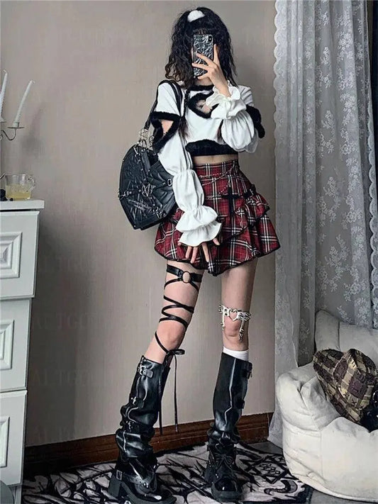AltGoth Punk Gothic Red Plaid Skirt Women Vintage Y2k E-girl Emo Alt High Waist Cake Skirt Harajuku Fairycore Grunge Clubwear - SS69