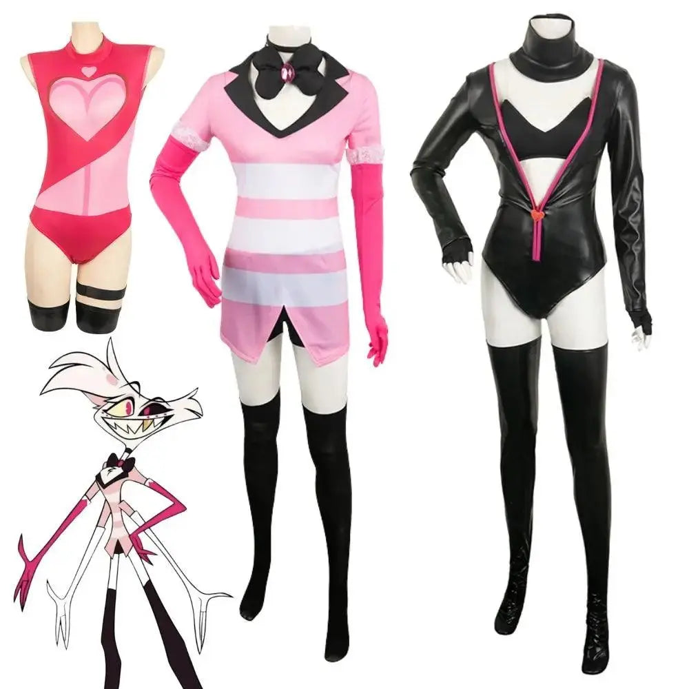 Angel Dust Cosplay Fantasia Anime Cartoon Hotel Costume Disguise for Adult Women Girls Jumpsuit Halloween Carnival Party Clothes.