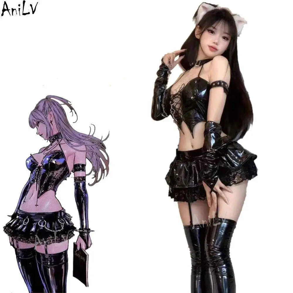 AniLV Anime Devil's City Queen Unifrom Women Cool Girl Punk Cyber Leather Outfits Costumes Cosplay - SS69