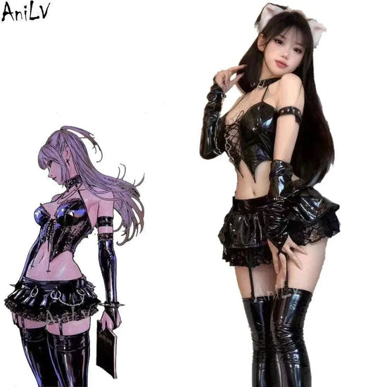 AniLV Anime Devil's City Queen Unifrom Women Cool Girl Punk Cyber Leather Outfits Costumes Cosplay - SS69