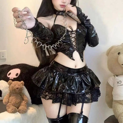 AniLV Anime Devil's City Queen Unifrom Women Cool Girl Punk Cyber Leather Outfits Costumes Cosplay - SS69