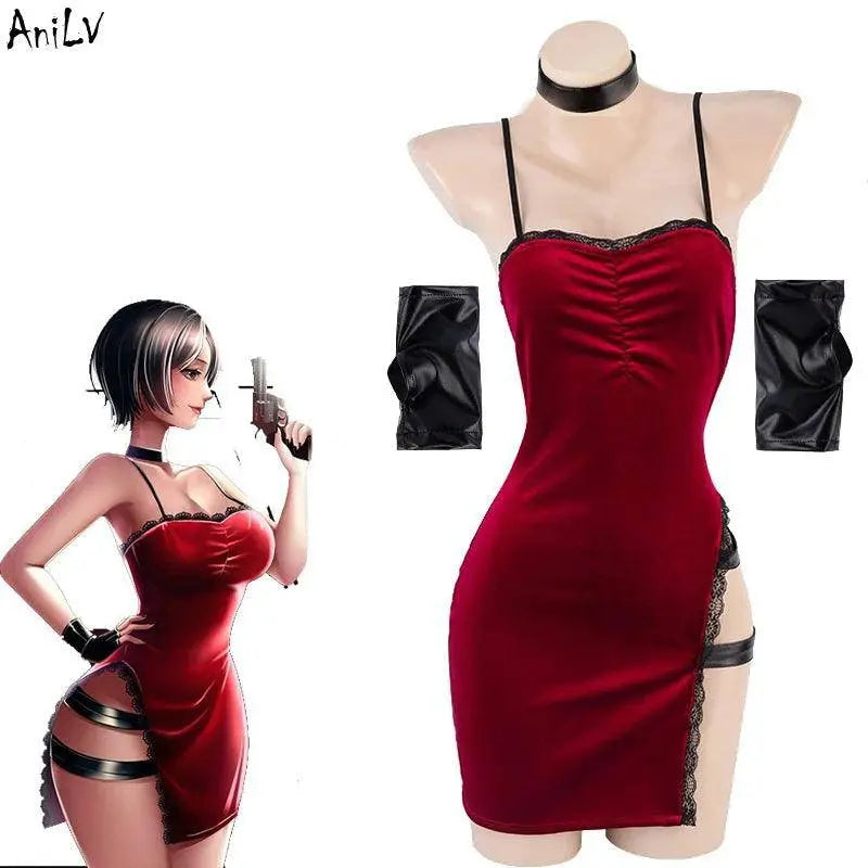 AniLV Movie Heroine Secret Service Spy Dress Uniform Halloween Women Red Lace Outfits Cosplay Costume - SS69