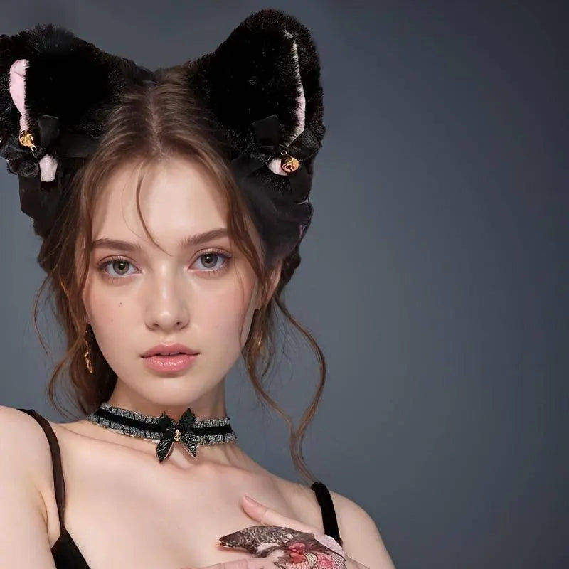 Animal Faux Fur Dogs And Cats Ears Headband, With Bell Cute Elastic Hair Accessories, Halloween Cosplay Costume Party Decor For Girls - SS69