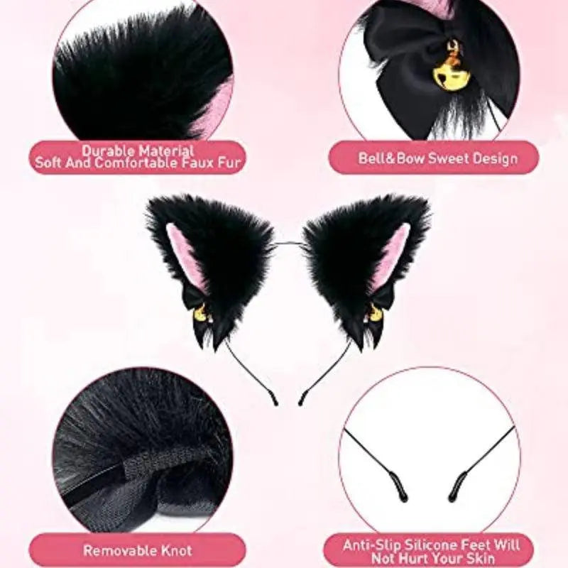 Animal Faux Fur Dogs And Cats Ears Headband, With Bell Cute Elastic Hair Accessories, Halloween Cosplay Costume Party Decor For Girls - SS69