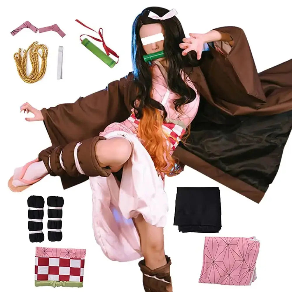 Anime Demon Slayer Kamado Nezuko Cosplay Costume Kimono Kimetsu No Yaiba Cosplay Wigs Hairs Halloween Carnival Women Outfit - SS69