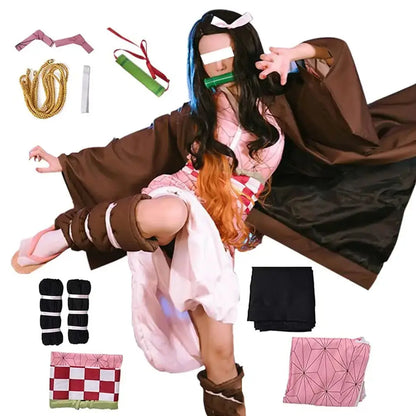 Anime Demon Slayer Kamado Nezuko Cosplay Costume Kimono Kimetsu No Yaiba Cosplay Wigs Hairs Halloween Carnival Women Outfit - SS69