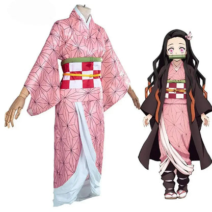 Anime Demon Slayer Kamado Nezuko Cosplay Costume Kimono Kimetsu No Yaiba Cosplay Wigs Hairs Halloween Carnival Women Outfit - SS69