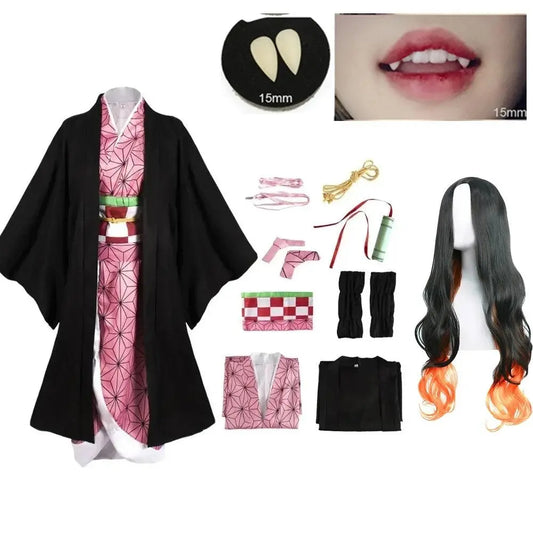 Anime Demon Slayer Kamado Nezuko Cosplay Costume Kimono Kimetsu No Yaiba Cosplay Wigs Hairs Halloween Carnival Women Outfit - SS69