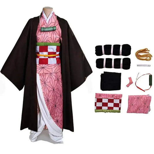 Anime Demon Slayer Kamado Nezuko Cosplay Costume Kimono Kimetsu No Yaiba Cosplay Wigs Hairs Halloween Carnival Women Outfit - SS69
