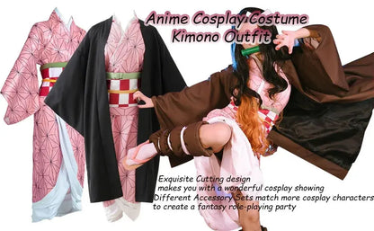Anime Demon Slayer Kamado Nezuko Cosplay Costume Kimono Kimetsu No Yaiba Cosplay Wigs Hairs Halloween Carnival Women Outfit - SS69