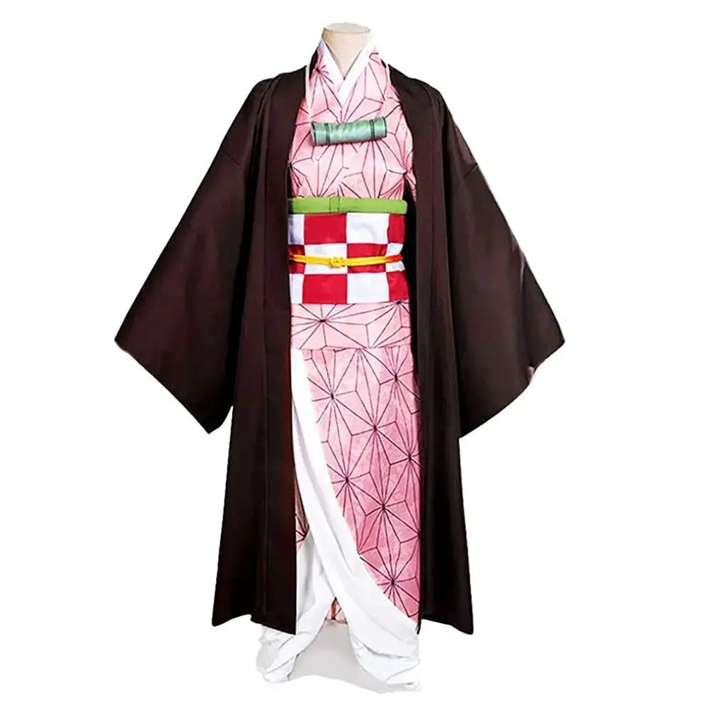 Anime Demon Slayer Kamado Nezuko Cosplay Costume Kimono Kimetsu No Yaiba Cosplay Wigs Hairs Halloween Carnival Women Outfit - SS69