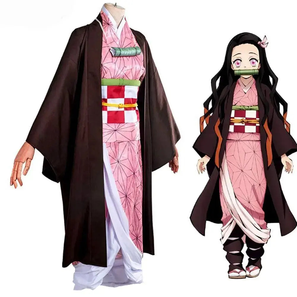 Anime Demon Slayer Kamado Nezuko Cosplay Costume Kimono Kimetsu No Yaiba Cosplay Wigs Hairs Halloween Carnival Women Outfit - SS69