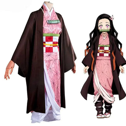 Anime Demon Slayer Kamado Nezuko Cosplay Costume Kimono Kimetsu No Yaiba Cosplay Wigs Hairs Halloween Carnival Women Outfit - SS69
