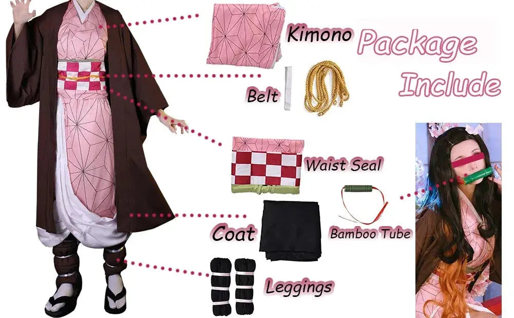 Anime Demon Slayer Kamado Nezuko Cosplay Costume Kimono Kimetsu No Yaiba Cosplay Wigs Hairs Halloween Carnival Women Outfit - SS69