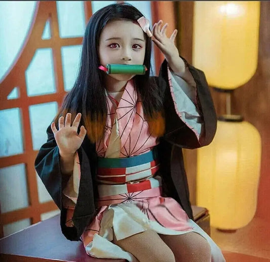 Anime Demon Slayer Kamado Nezuko Cosplay Costume Kimono Kimetsu No Yaiba Cosplay Wigs Hairs Halloween Carnival Women Outfit - SS69