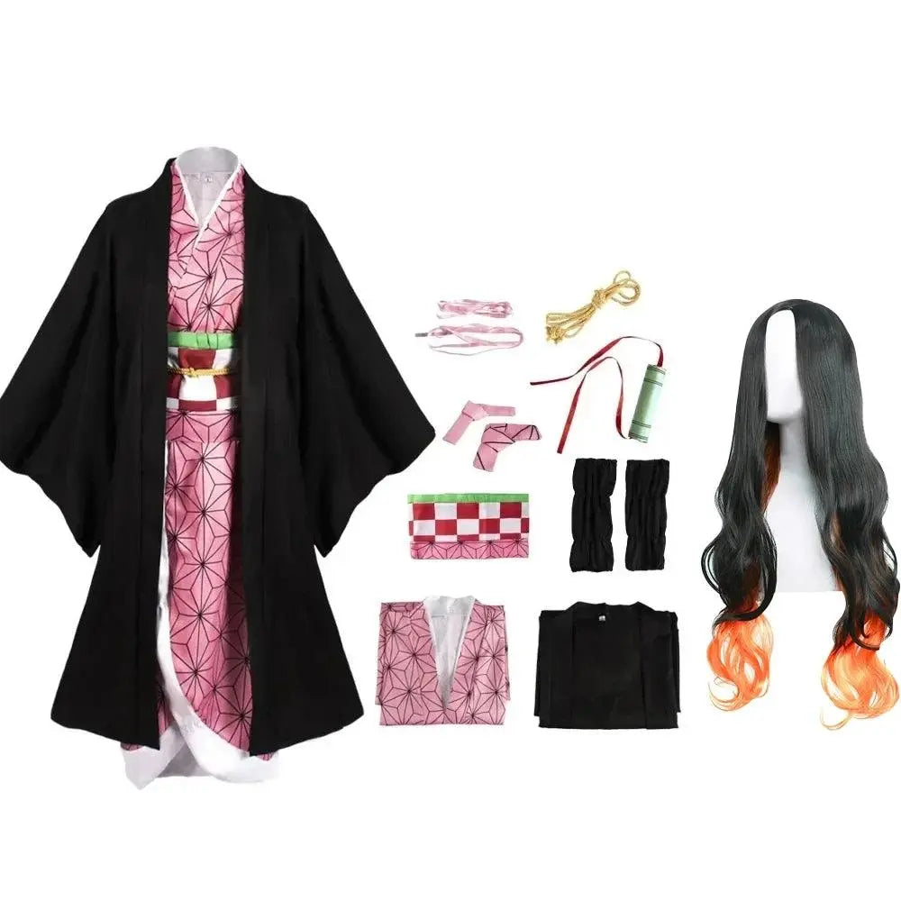 Anime Demon Slayer Kamado Nezuko Cosplay Costume Kimono Kimetsu No Yaiba Cosplay Wigs Hairs Halloween Carnival Women Outfit - SS69