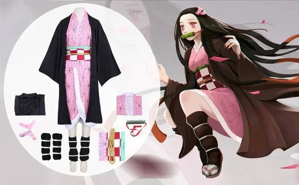 Anime Demon Slayer Kamado Nezuko Cosplay Costume Kimono Kimetsu No Yaiba Cosplay Wigs Hairs Halloween Carnival Women Outfit - SS69