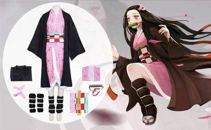 Anime Demon Slayer Kamado Nezuko Cosplay Costume Kimono Kimetsu No Yaiba Cosplay Wigs Hairs Halloween Carnival Women Outfit - SS69